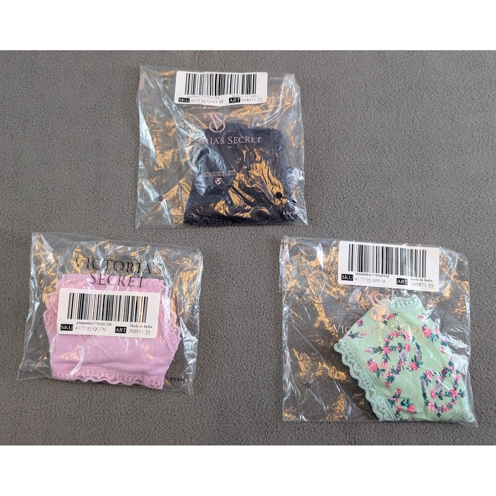 Victoria's Secret V-String Panties Lot of 3 Lace Trim Size M Pink Navy Floral